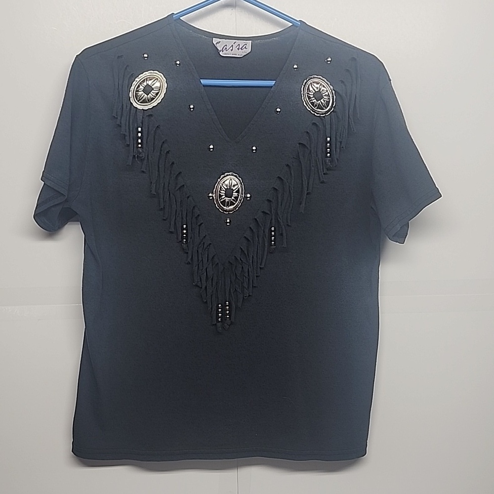 Sas'sa vintage charcoal fringe silver conchos beads cowgirl shirt.